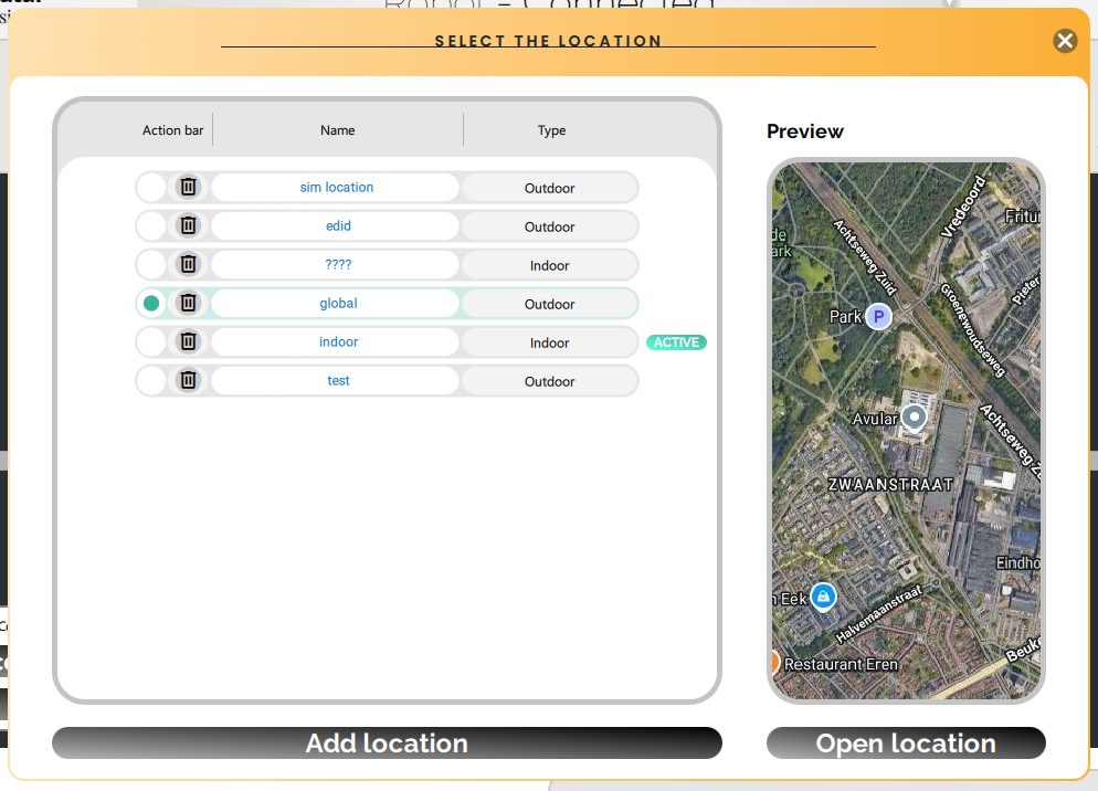 Location selection screen
